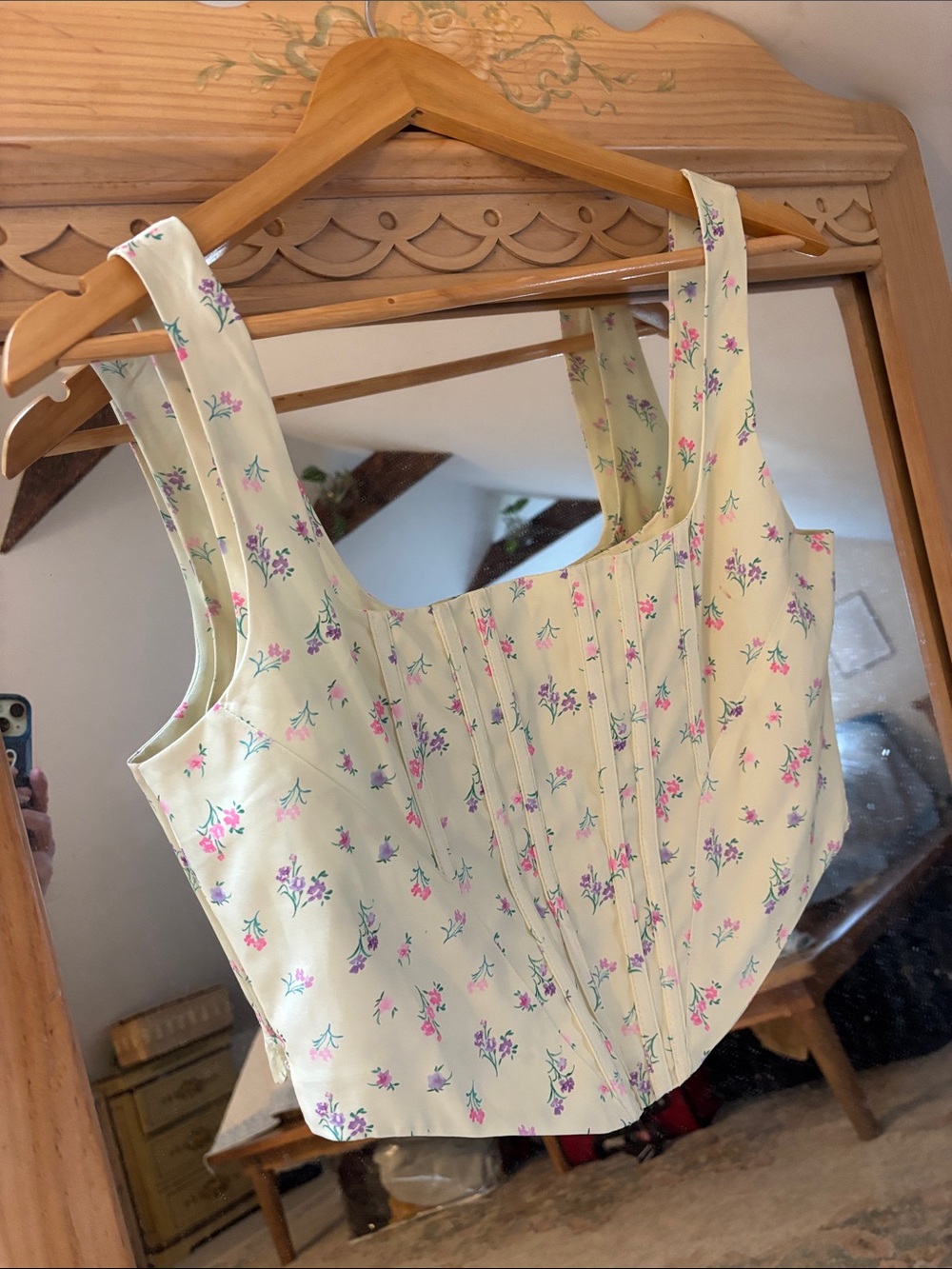 Floral Corset Tank Top - Cream with Pink & Purple Blossoms